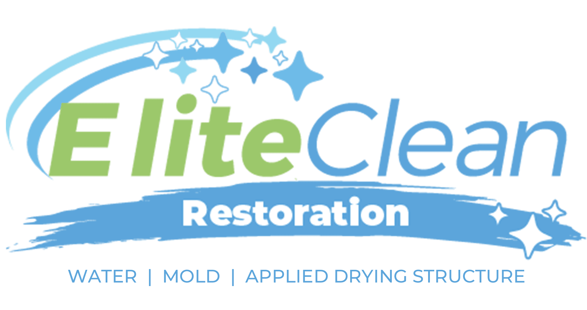 Logo for Elite Clean Restoration featuring blue and green text with sparkling stars and a swoosh, a blue paint in Indiana