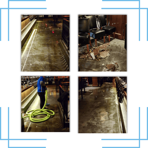 Four photos show a restaurant or bar with wet floors, damaged and torn flooring near chairs, a worker cleaning water with a hose, and another view of the wet floor—signs that Water Damage Restoration Indiana services may be needed.