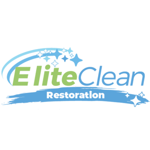Logo for Elite Clean Restoration. The words "Elite Clean" are stylized, with "Elite" in green and "Clean" in blue. The word "Restoration" is below in white on a blue brushstroke with blue stars and sparkles around.