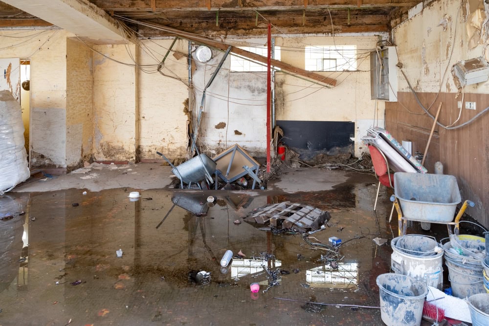 An abandoned, partially flooded room with broken furniture, scattered debris, pallets, plastic buckets, and exposed ceiling beams. Water covers the dirty floor, and damaged walls show decay and disrepair.