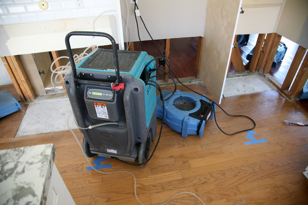 Restoration equipment, including a dehumidifier and air mover, is set up on a hardwood floor in a kitchen with lower cabinets and drywall removed, likely for water damage repair.