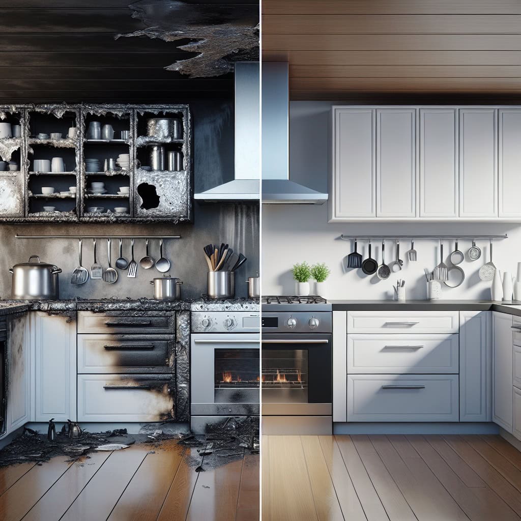 A kitchen divided in half: one side is burnt and damaged by fire, while the other—restored with expert Water Damage Restoration Indiana services—is clean, modern, and intact, highlighting a dramatic contrast between destruction and renewal.