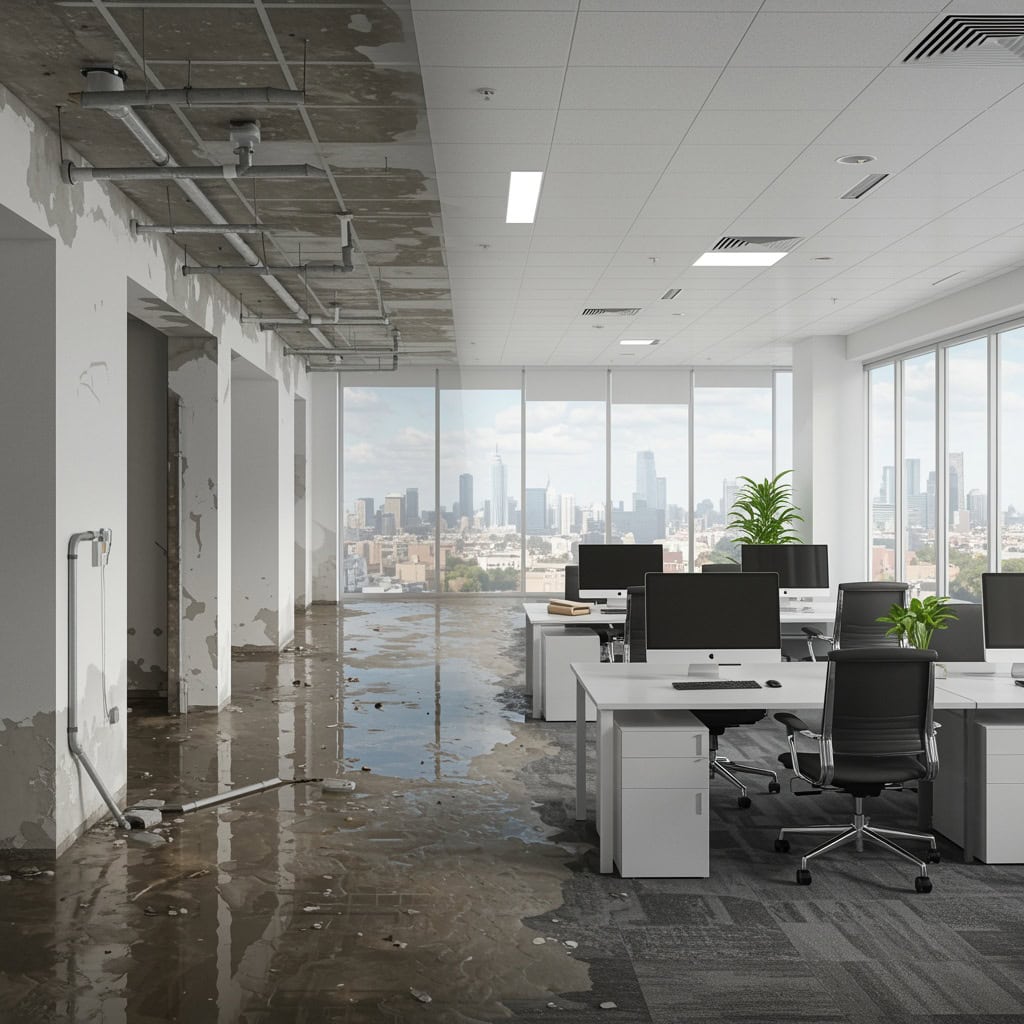 A modern office with several desks and computers is partially flooded, showing signs of damage that call for Water Damage Restoration Indiana. Peeling walls and water-covered floors contrast with a city skyline visible through large windows.