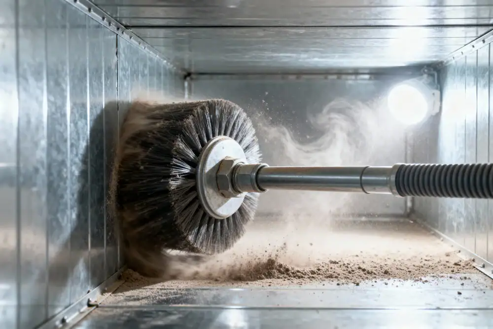 A rotating brush cleans the inside of a metal air duct, dislodging dust and debris, with particles visible in the air and light illuminating the process.