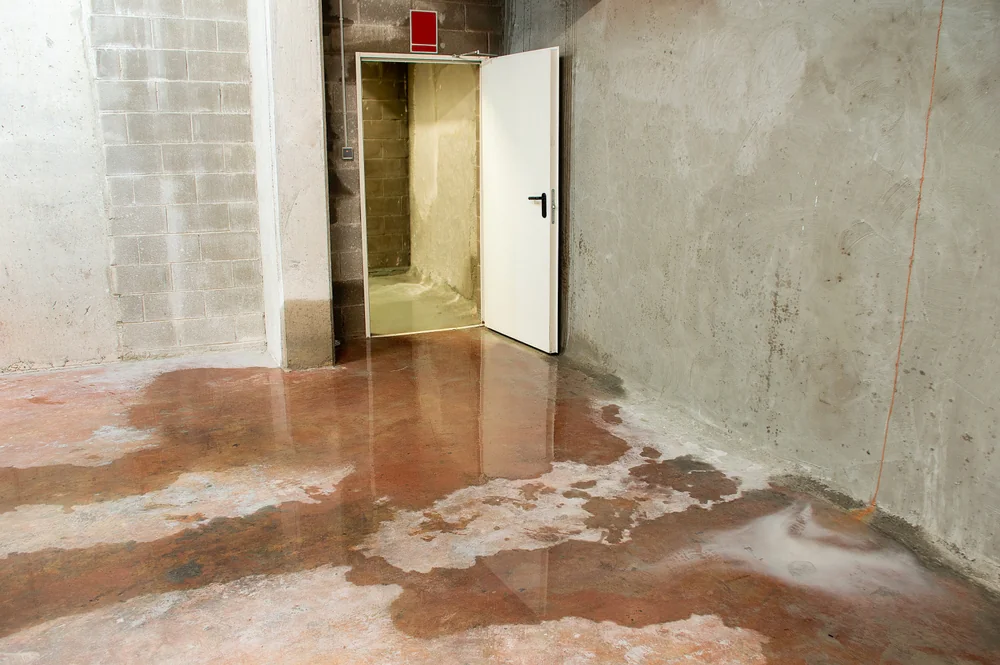 A room with concrete walls and a partially open white door, showing a corridor. The floor is covered in patches of standing water, indicating a flood or water leakage.