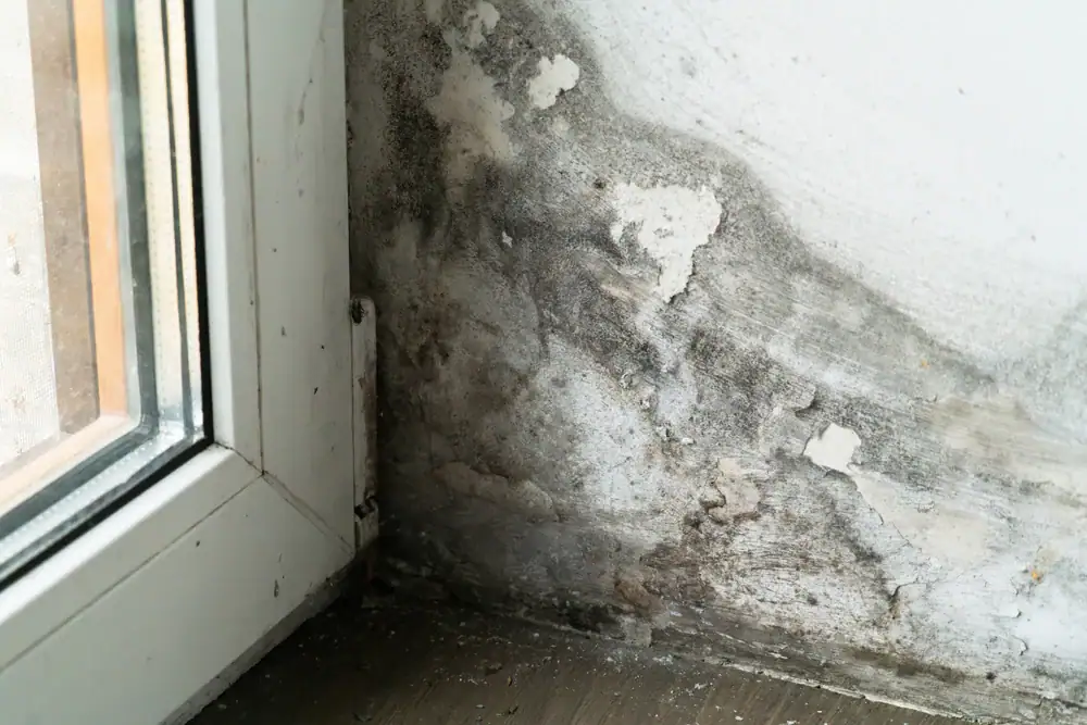 Close-up of a corner by a window with significant black mold and mildew growth on a white wall above a dark wooden floor. The mold appears to be caused by moisture or water damage.