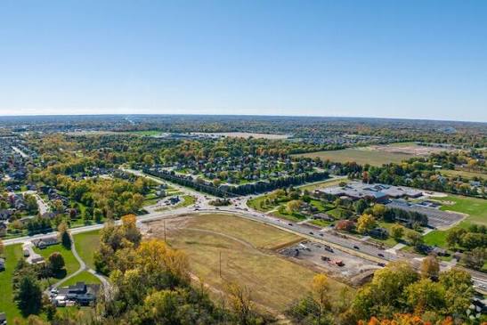 Aerial view of a Hamilton County suburban neighborhood, illustrating local water damage restoration services.